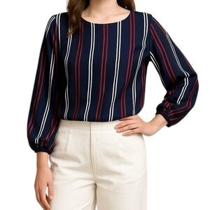 CAbi Small Red White Blue Stripe Balloon Sleeve Cotton Shirt